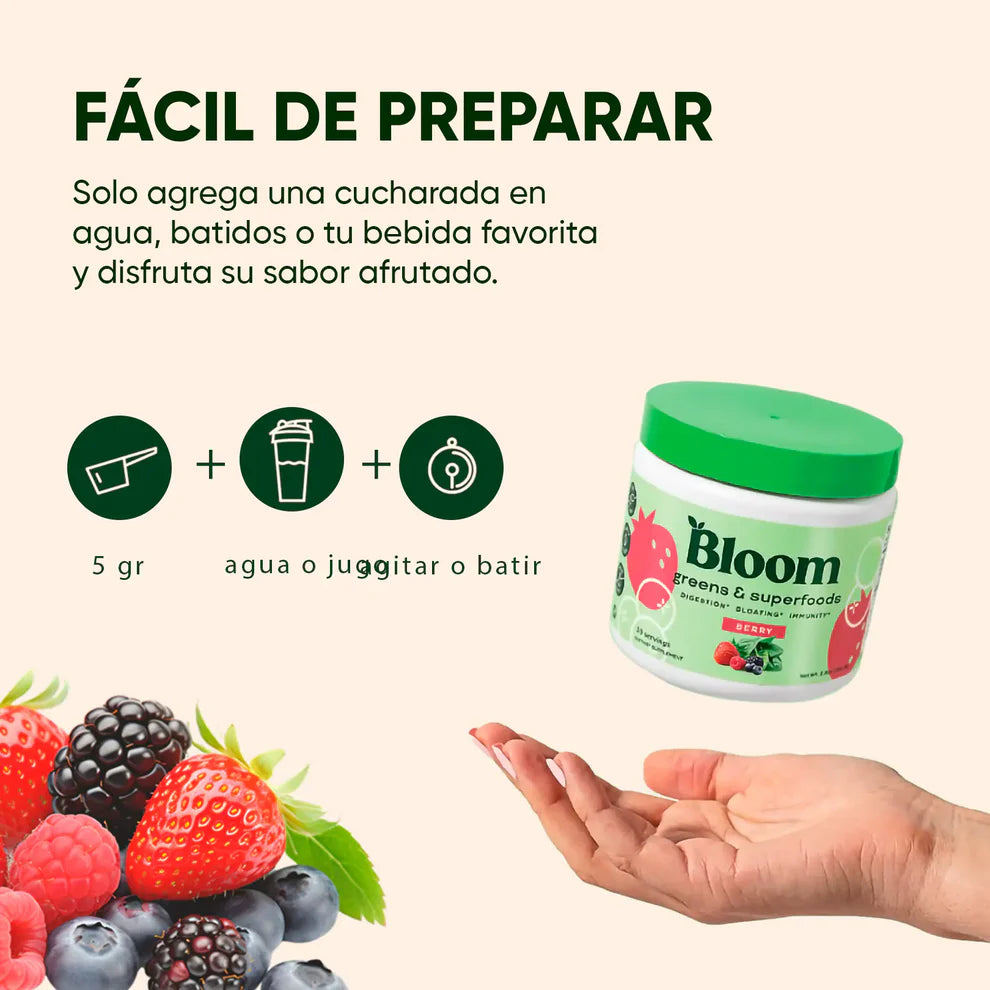 BLOOM®-Mezcla de Verduras, Antioxidantes y Probióticos en polvo Frutos Rojos
